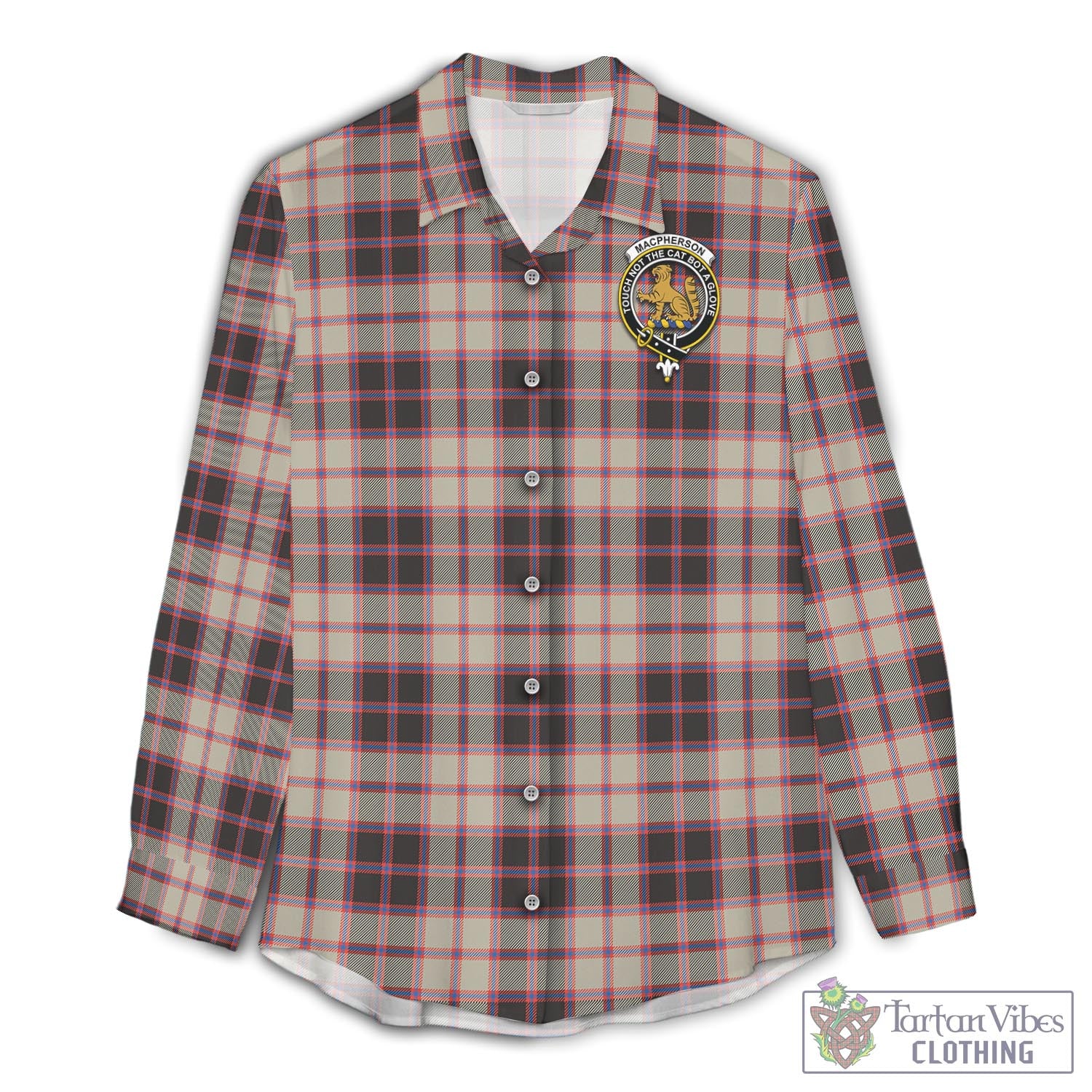 Tartan Vibes Clothing MacPherson Hunting Ancient Tartan Womens Casual Shirt with Family Crest