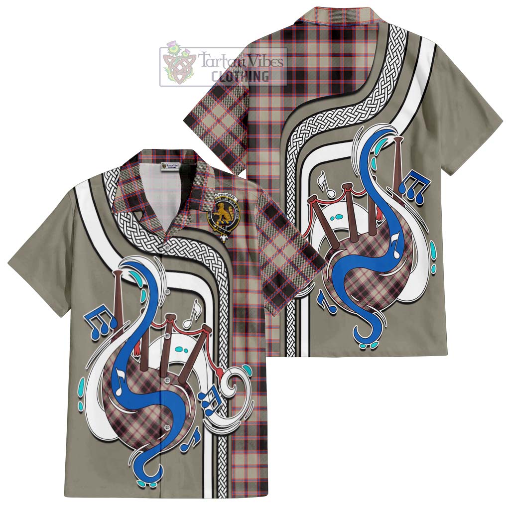 Tartan Vibes Clothing MacPherson Hunting Ancient Tartan Short Sleeve Button Shirt with Epic Bagpipe Style