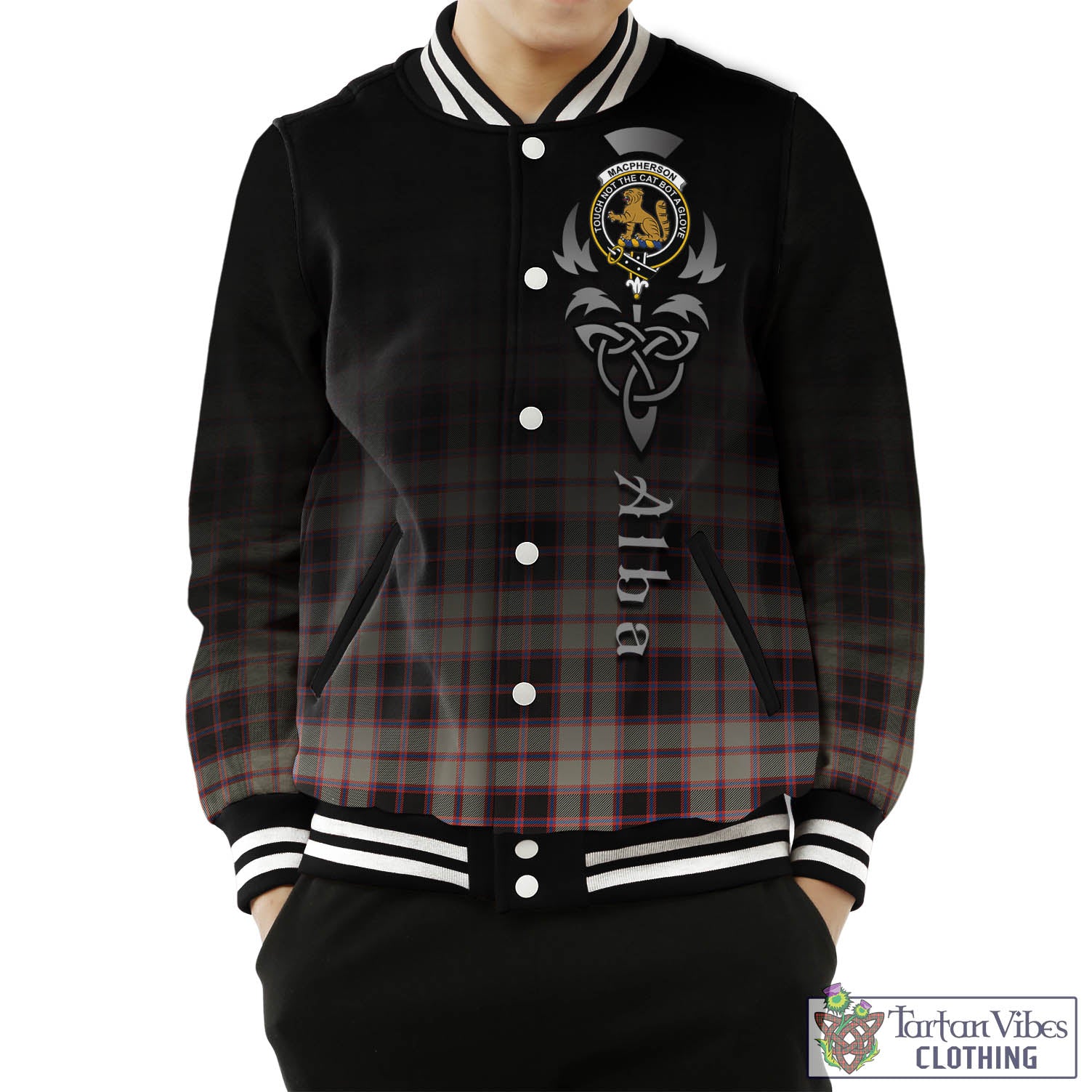 Tartan Vibes Clothing MacPherson Hunting Ancient Tartan Baseball Jacket Featuring Alba Gu Brath Family Crest Celtic Inspired