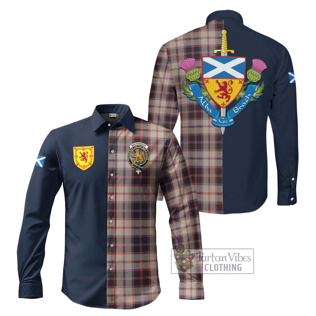 Tartan Vibes Clothing MacPherson Hunting Ancient Tartan Long Sleeve Button Shirt with Scottish Lion Royal Arm Half Style