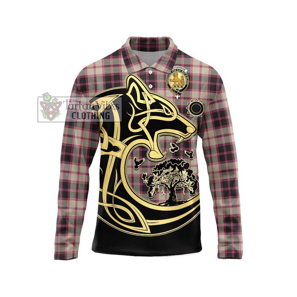 Tartan Vibes Clothing MacPherson Hunting Ancient Tartan Long Sleeve Polo Shirt with Family Crest Celtic Wolf Style