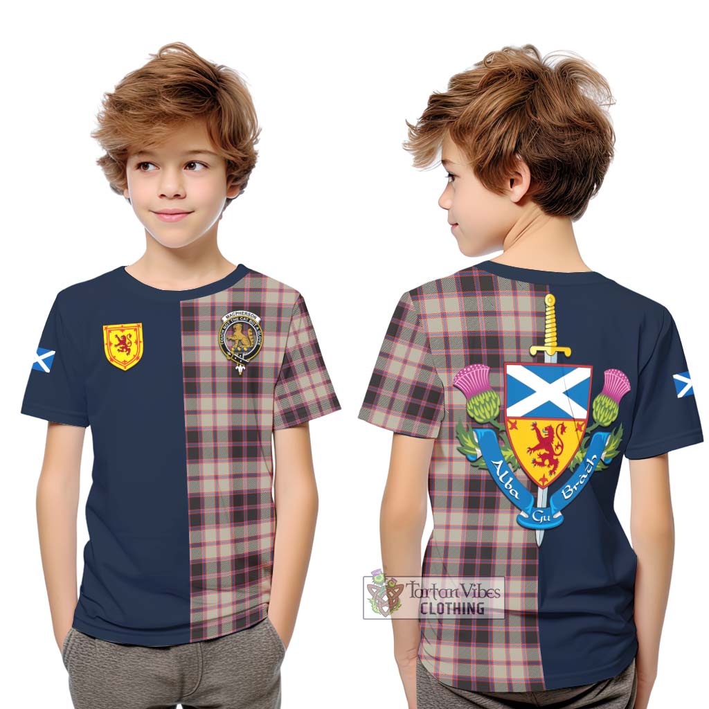 Tartan Vibes Clothing MacPherson Hunting Ancient Tartan Kid T-Shirt with Scottish Lion Royal Arm Half Style