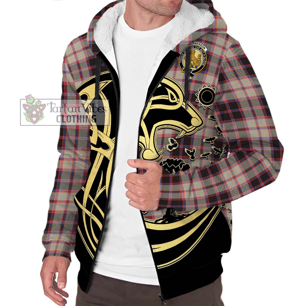 Tartan Vibes Clothing MacPherson Hunting Ancient Tartan Sherpa Hoodie with Family Crest Celtic Wolf Style