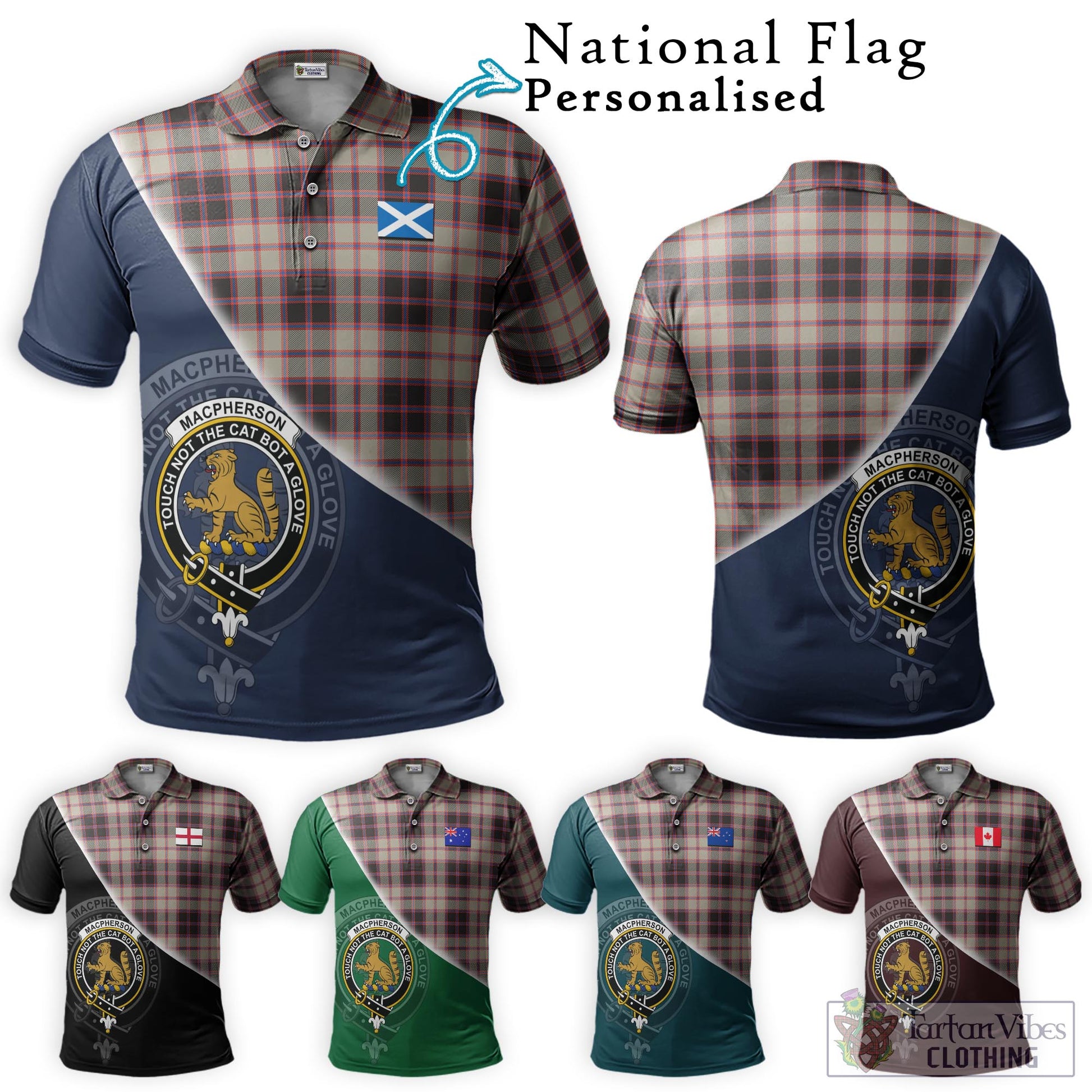 Tartan Vibes Clothing MacPherson Hunting Ancient Tartan Polo Shirt with Personalised National Flag and Family Crest Half Style