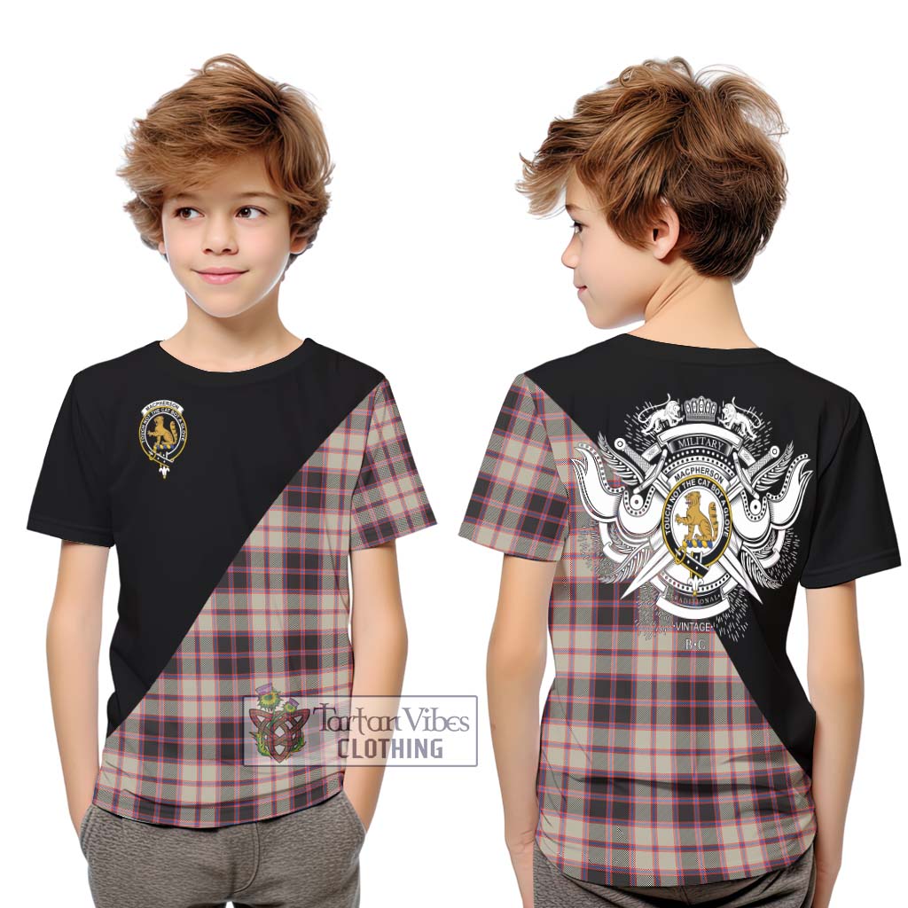 Tartan Vibes Clothing MacPherson Hunting Ancient Tartan Kid T-Shirt with Family Crest and Military Logo Style