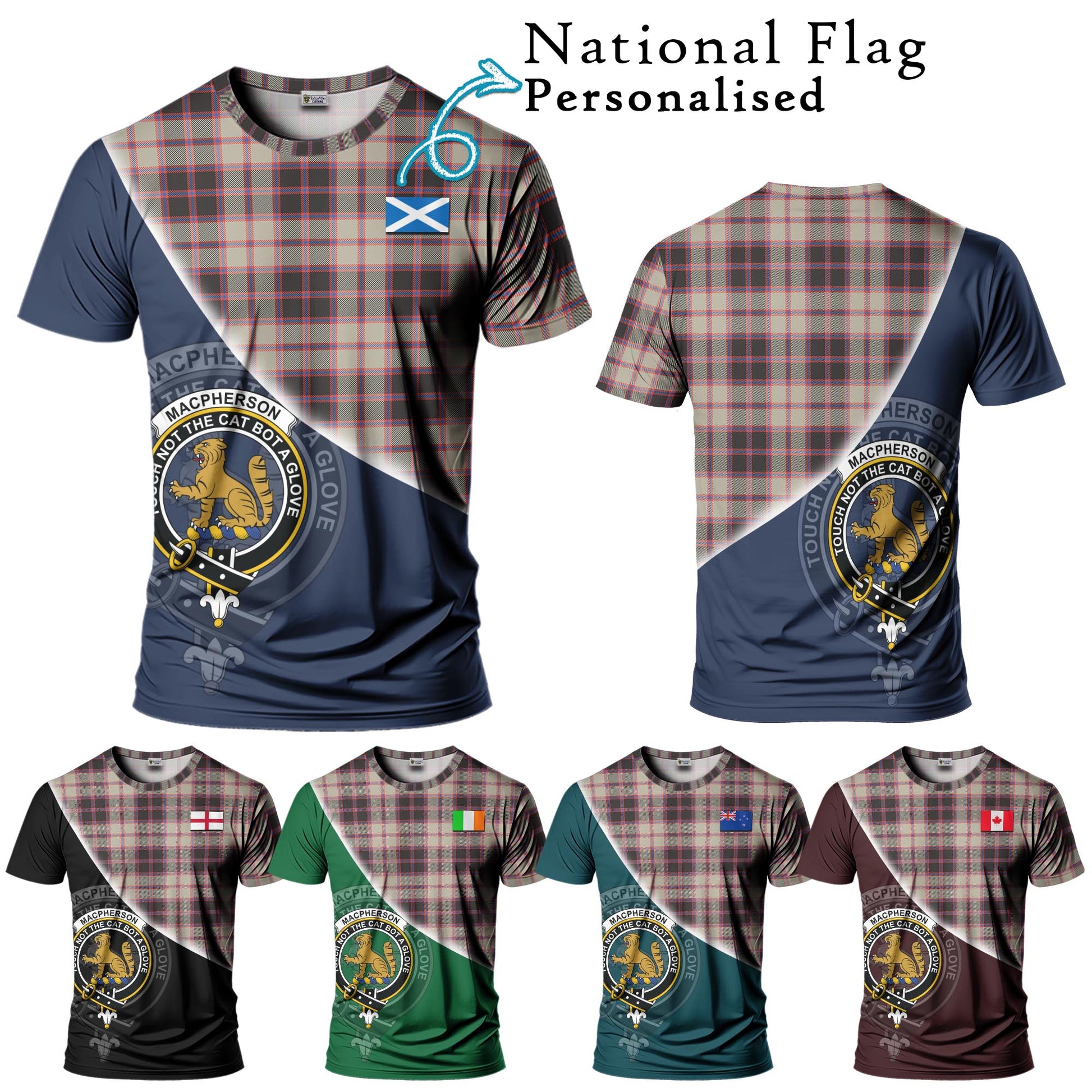 Tartan Vibes Clothing MacPherson Hunting Ancient Tartan T-Shirt with Personalised National Flag and Family Crest Half Style