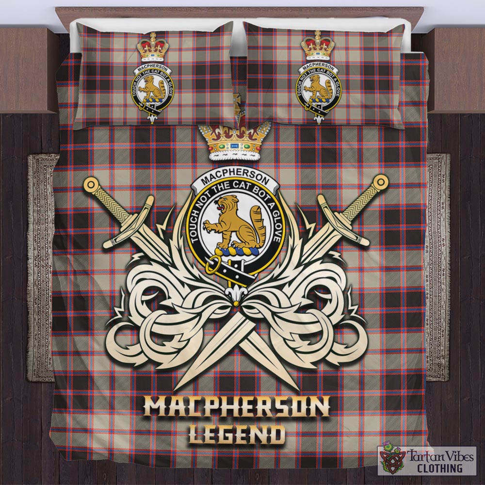 Tartan Vibes Clothing MacPherson Hunting Ancient Tartan Bedding Set with Clan Crest and the Golden Sword of Courageous Legacy