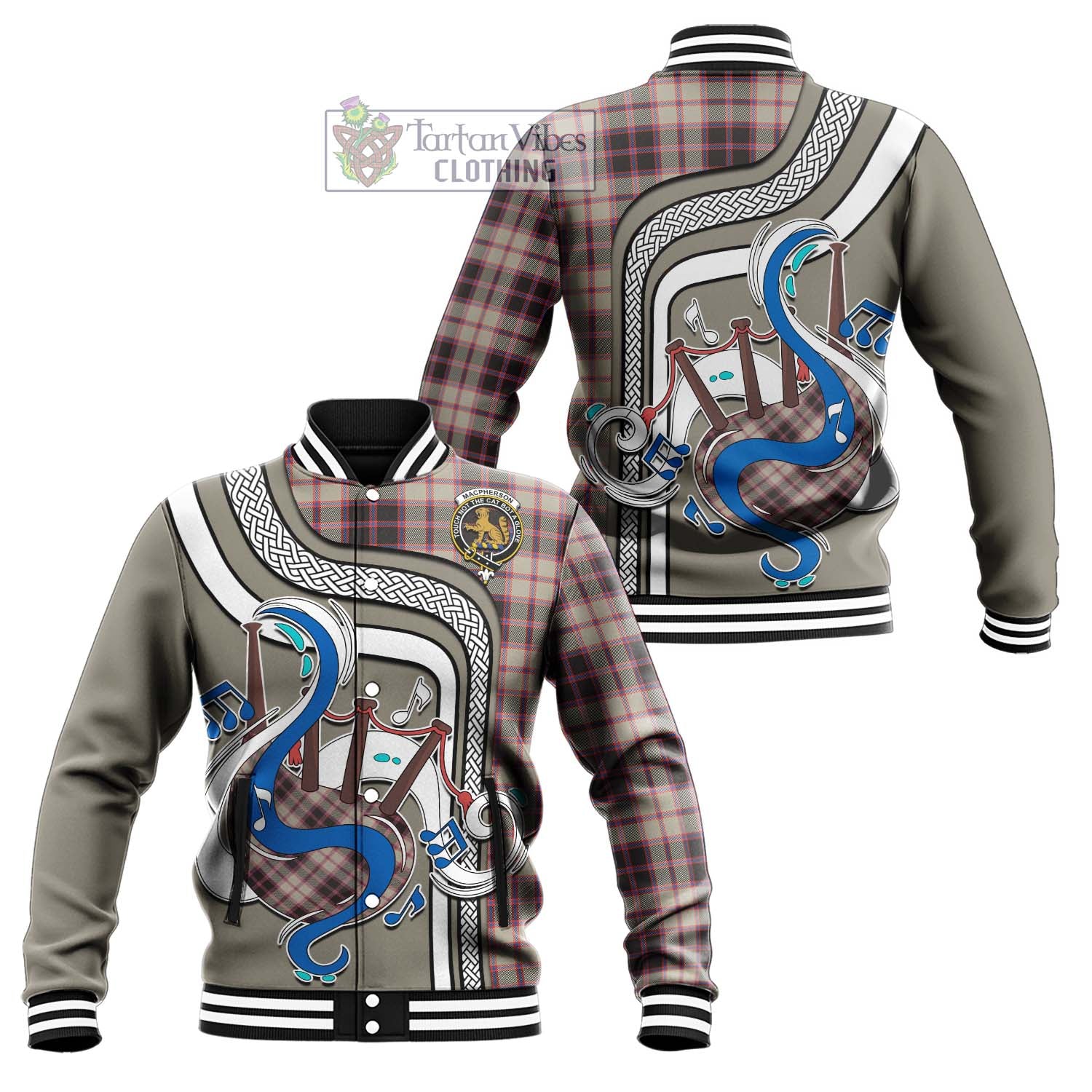 Tartan Vibes Clothing MacPherson Hunting Ancient Tartan Baseball Jacket with Epic Bagpipe Style