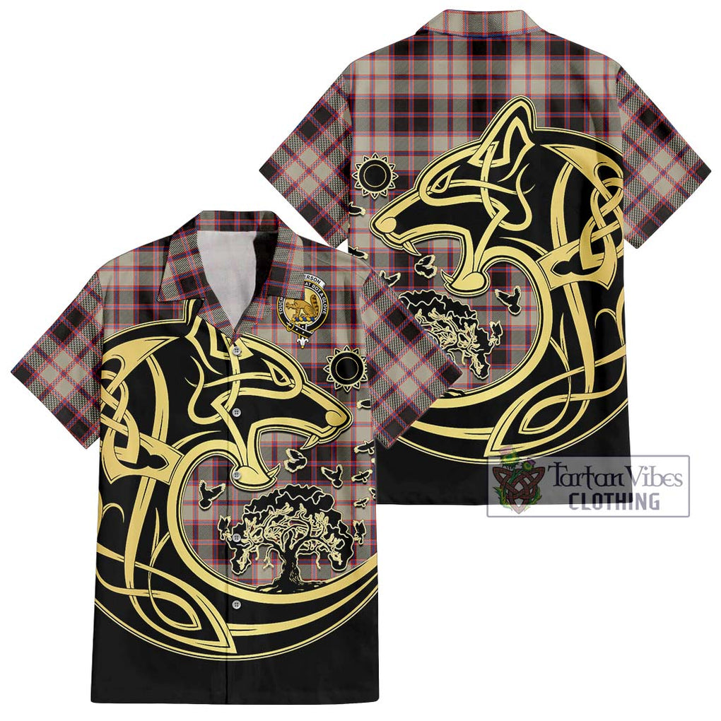 MacPherson Hunting Ancient Tartan Short Sleeve Button Shirt with Family Crest Celtic Wolf Style Kid - Tartan Vibes Clothing