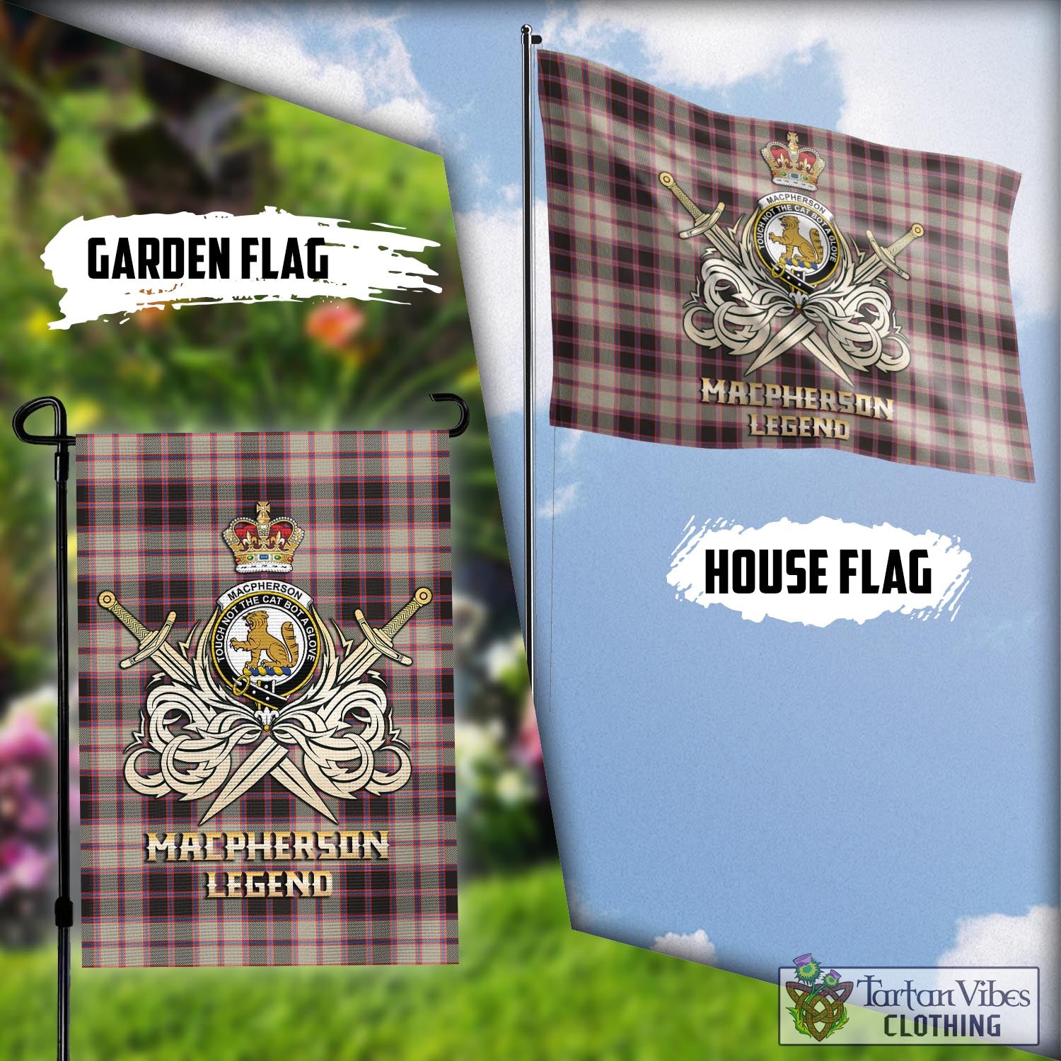 Tartan Vibes Clothing MacPherson Hunting Ancient Tartan Flag with Clan Crest and the Golden Sword of Courageous Legacy