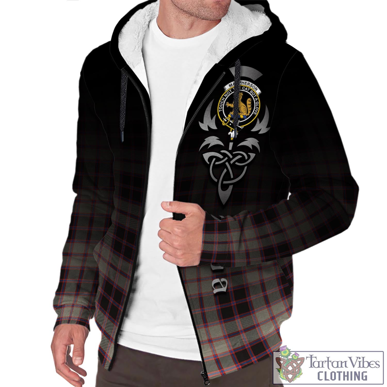 Tartan Vibes Clothing MacPherson Hunting Ancient Tartan Sherpa Hoodie Featuring Alba Gu Brath Family Crest Celtic Inspired