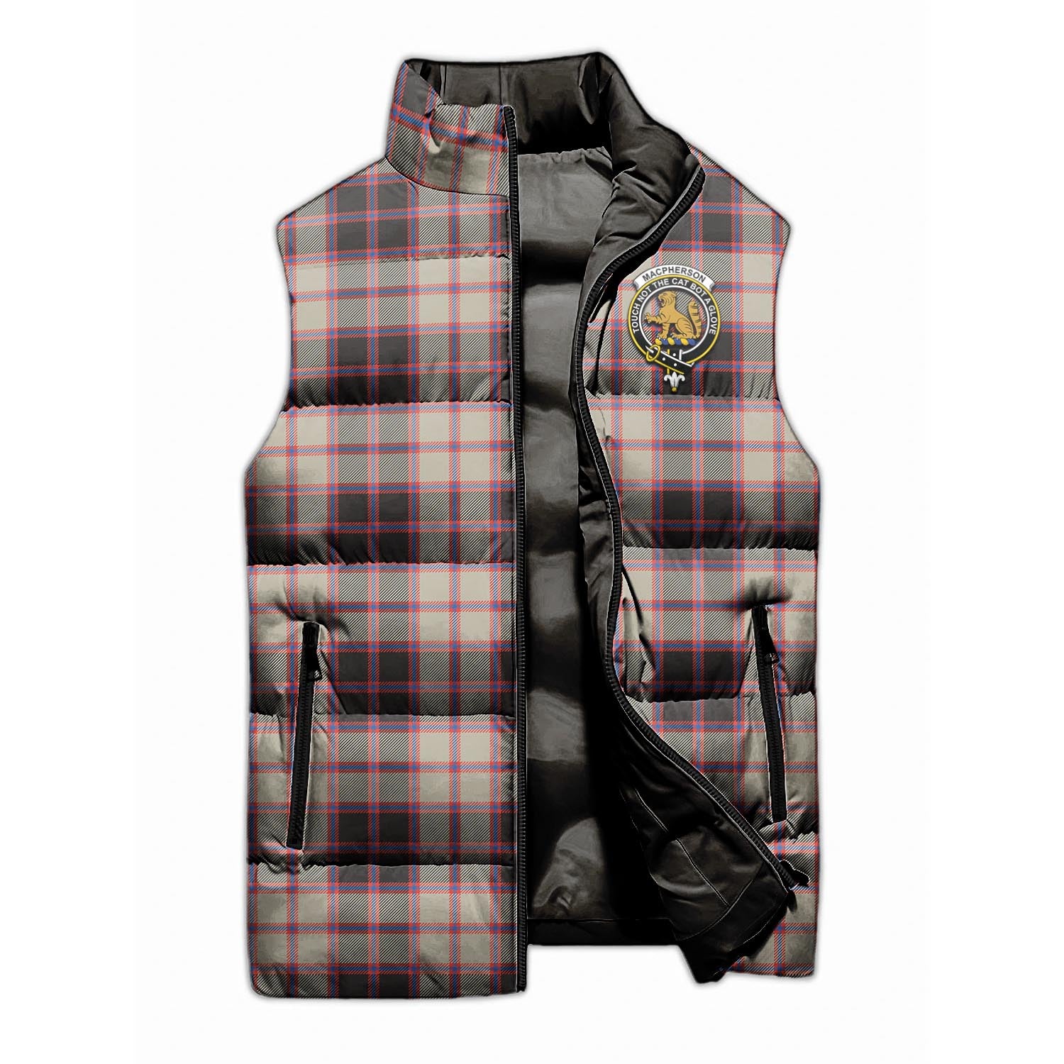 MacPherson Hunting Ancient Tartan Sleeveless Puffer Jacket with Family Crest - Tartanvibesclothing