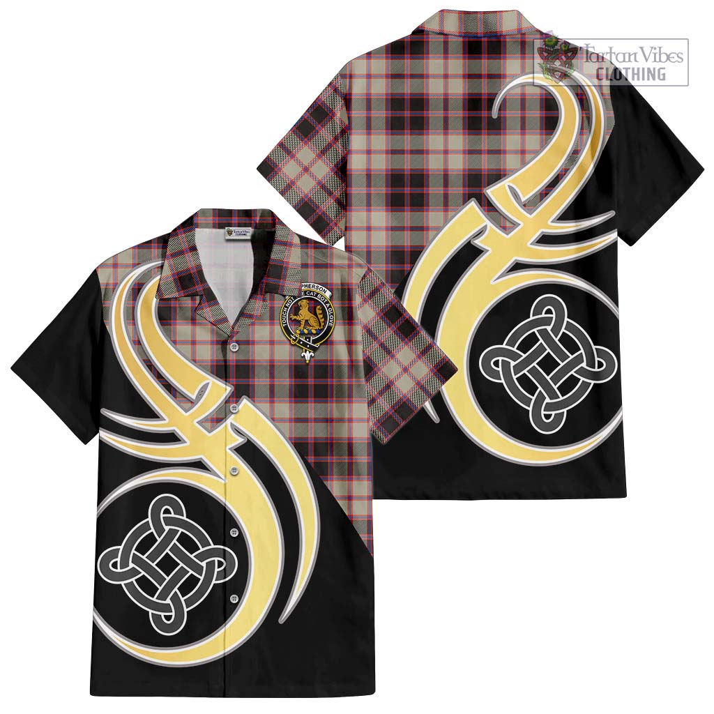 MacPherson Hunting Ancient Tartan Short Sleeve Button Shirt with Family Crest and Celtic Symbol Style - Tartan Vibes Clothing