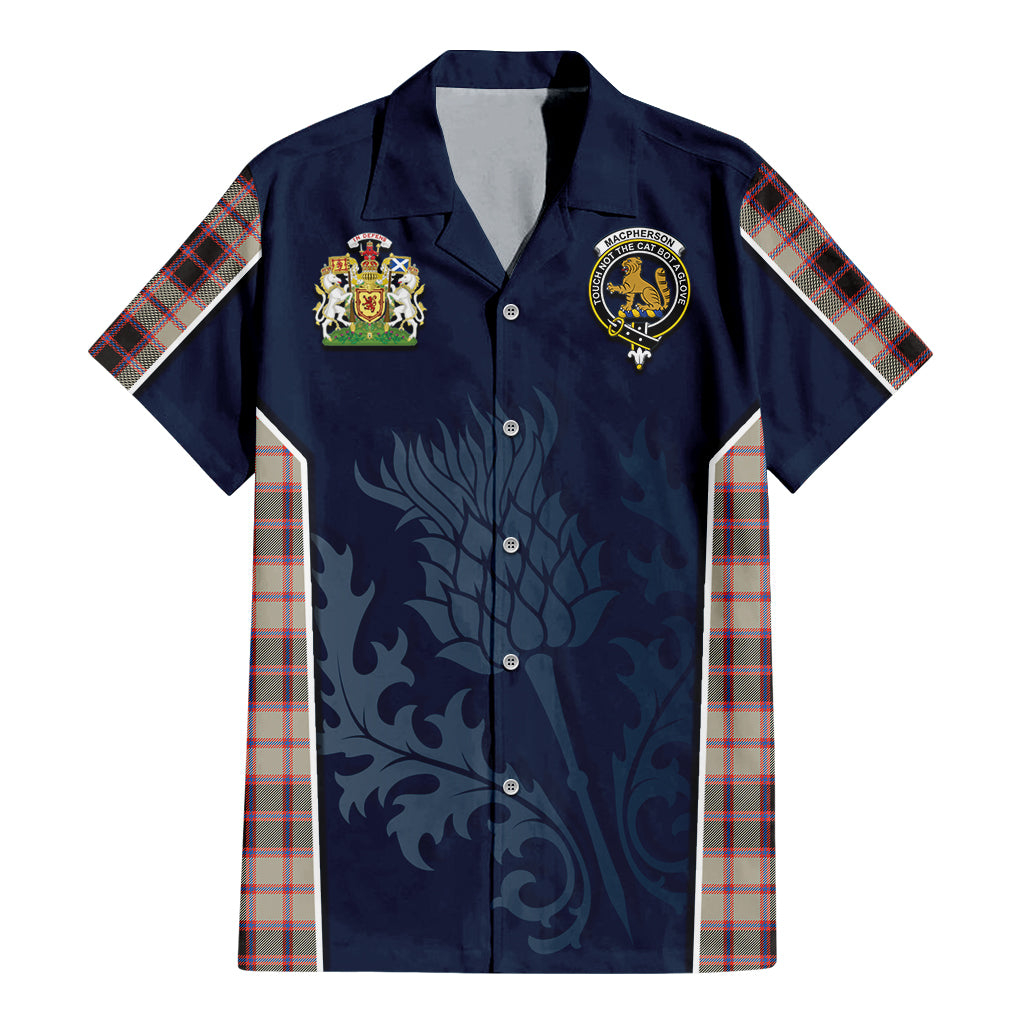 Tartan Vibes Clothing MacPherson Hunting Ancient Tartan Short Sleeve Button Up Shirt with Family Crest and Scottish Thistle Vibes Sport Style