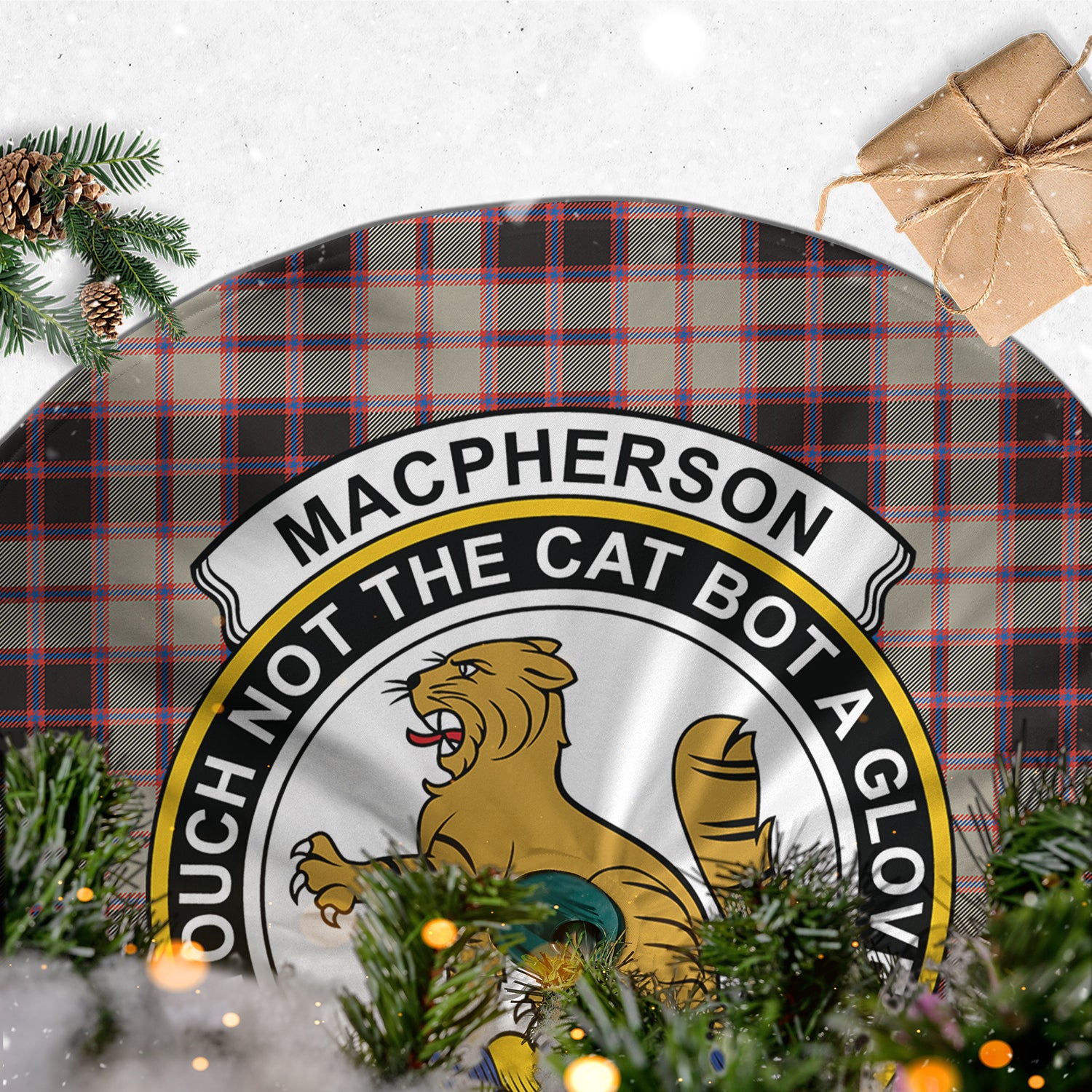 MacPherson Hunting Ancient Tartan Christmas Tree Skirt with Family Crest - Tartanvibesclothing