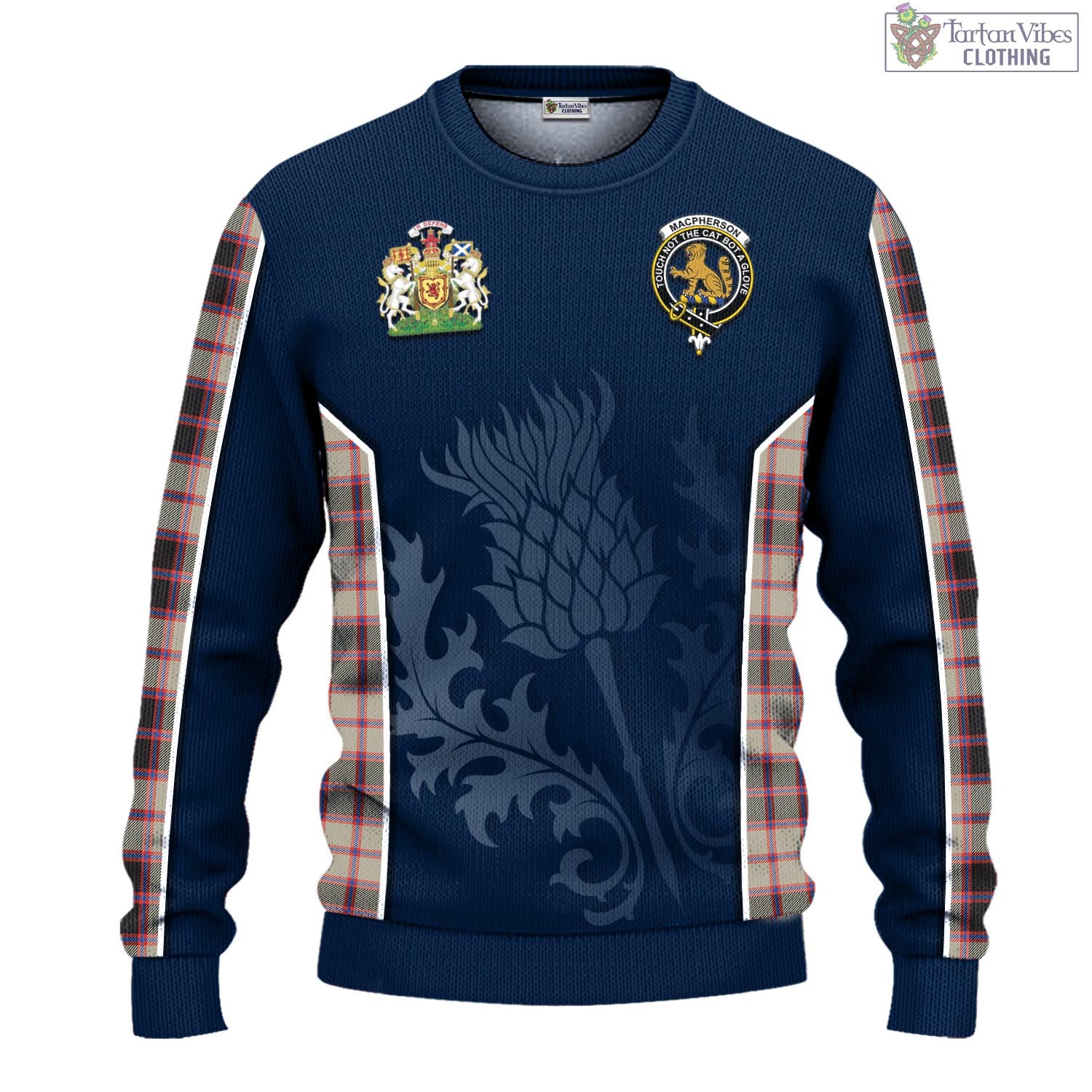 Tartan Vibes Clothing MacPherson Hunting Ancient Tartan Knitted Sweatshirt with Family Crest and Scottish Thistle Vibes Sport Style