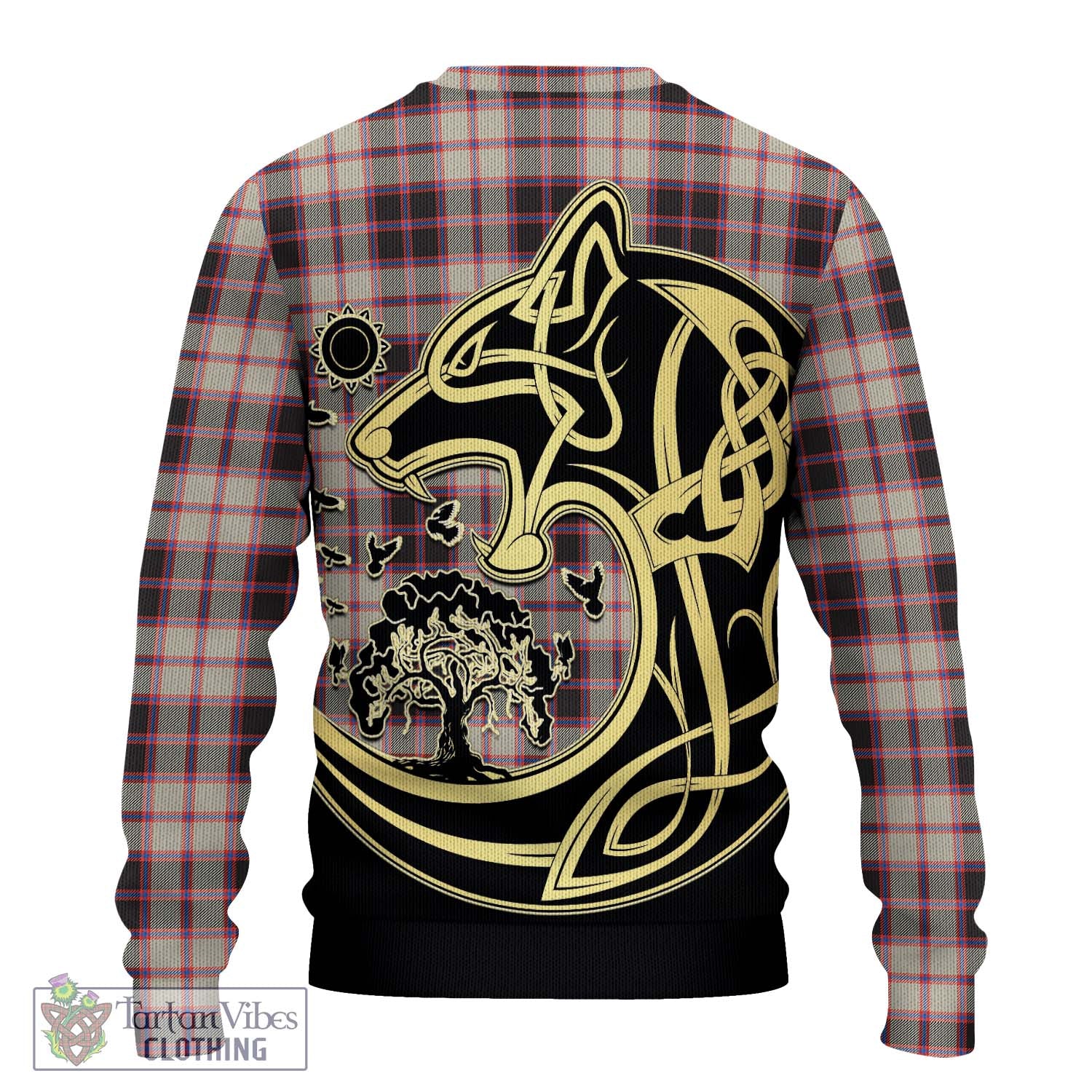 Tartan Vibes Clothing MacPherson Hunting Ancient Tartan Knitted Sweater with Family Crest Celtic Wolf Style