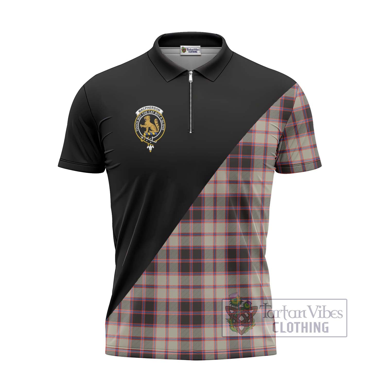 Tartan Vibes Clothing MacPherson Hunting Ancient Tartan Zipper Polo Shirt with Family Crest and Military Logo Style