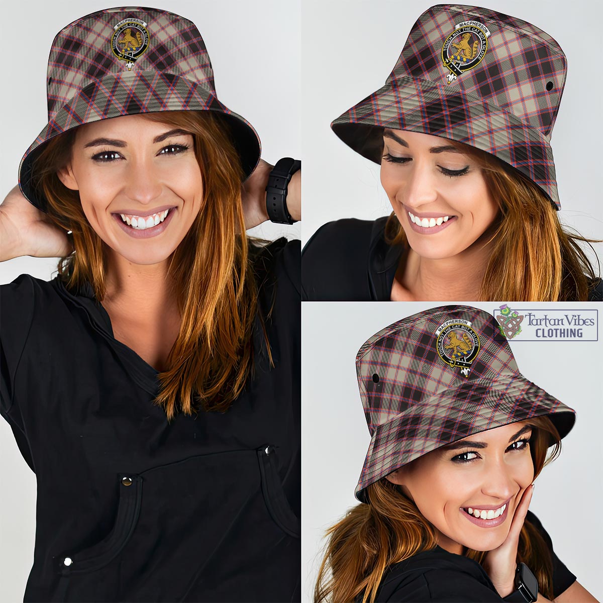 Tartan Vibes Clothing MacPherson Hunting Ancient Tartan Bucket Hat with Family Crest