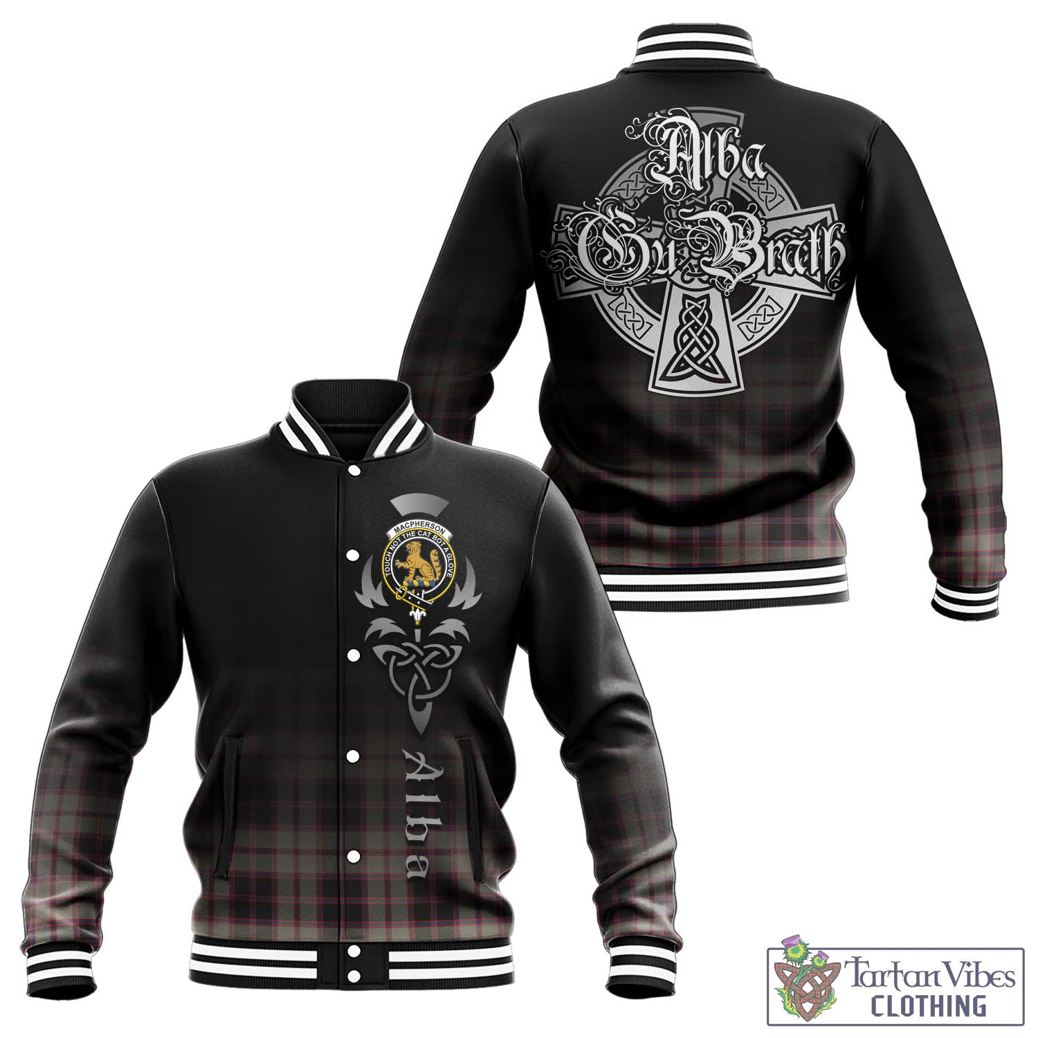 Tartan Vibes Clothing MacPherson Hunting Ancient Tartan Baseball Jacket Featuring Alba Gu Brath Family Crest Celtic Inspired