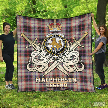 MacPherson Hunting Ancient Tartan Quilt with Clan Crest and the Golden Sword of Courageous Legacy