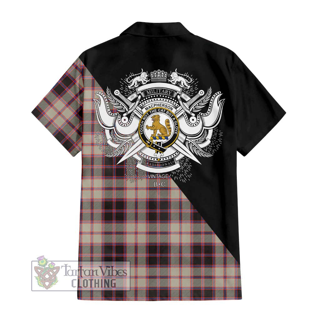 Tartan Vibes Clothing MacPherson Hunting Ancient Tartan Short Sleeve Button Shirt with Family Crest and Military Logo Style