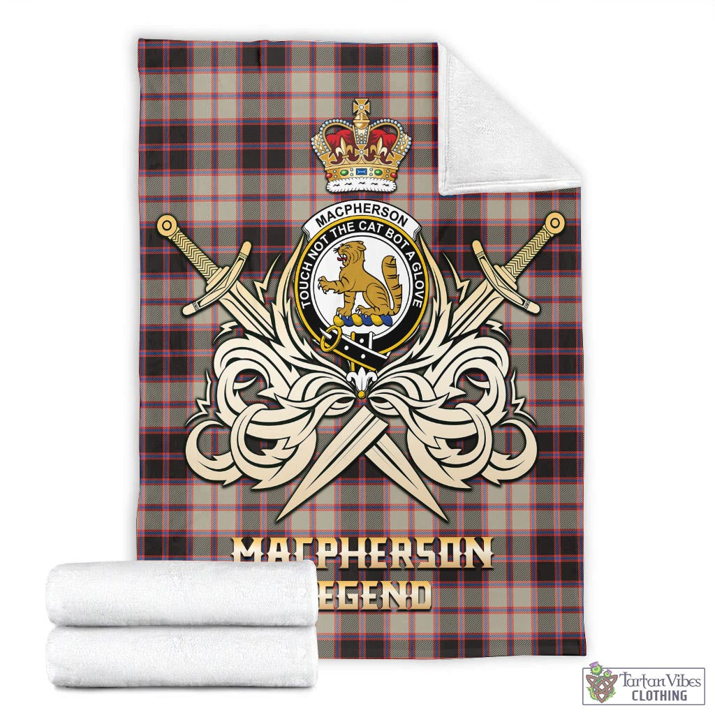 Tartan Vibes Clothing MacPherson Hunting Ancient Tartan Blanket with Clan Crest and the Golden Sword of Courageous Legacy