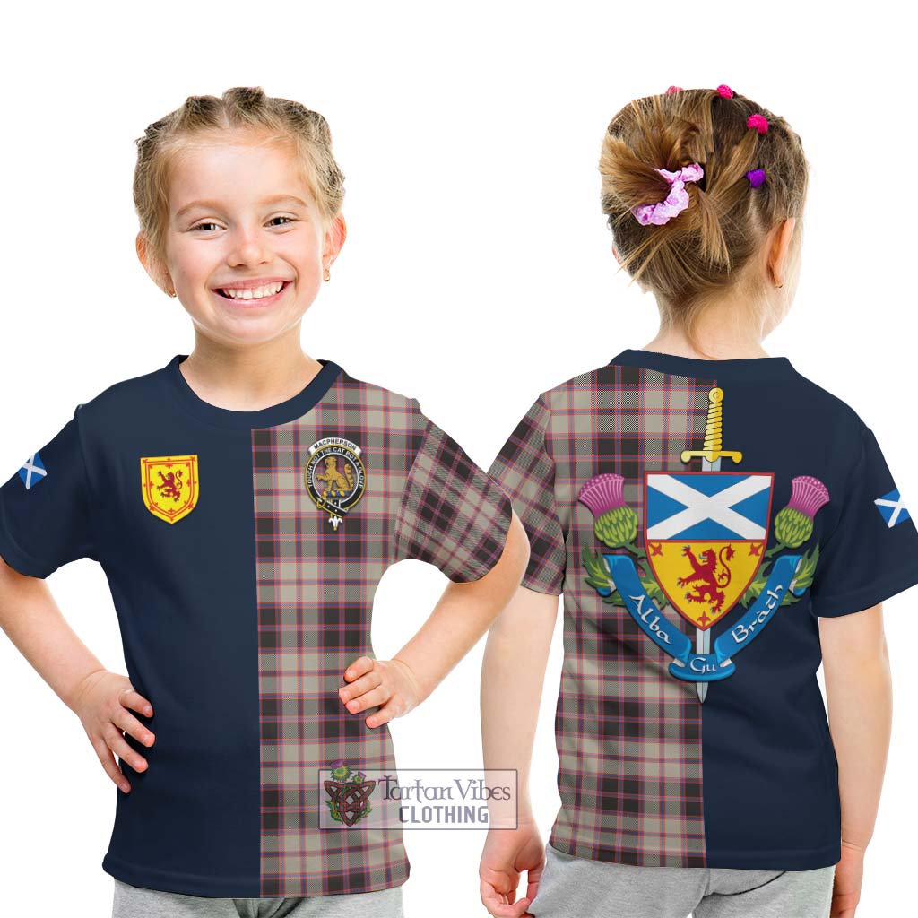 Tartan Vibes Clothing MacPherson Hunting Ancient Tartan Kid T-Shirt with Scottish Lion Royal Arm Half Style