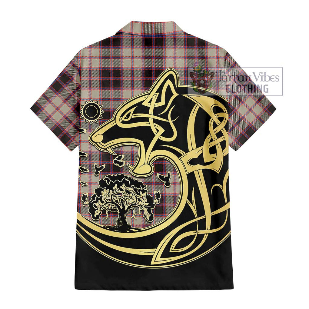 MacPherson Hunting Ancient Tartan Short Sleeve Button Shirt with Family Crest Celtic Wolf Style - Tartan Vibes Clothing