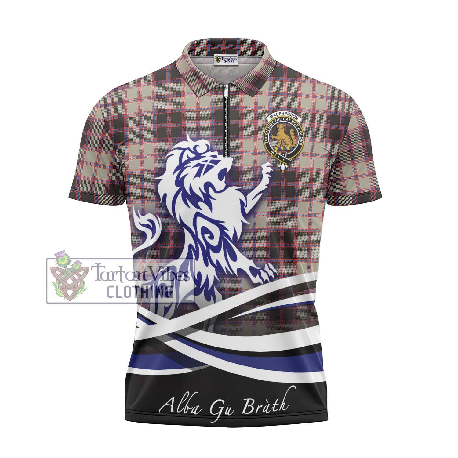 Tartan Vibes Clothing MacPherson Hunting Ancient Tartan Zipper Polo Shirt with Alba Gu Brath Regal Lion Emblem