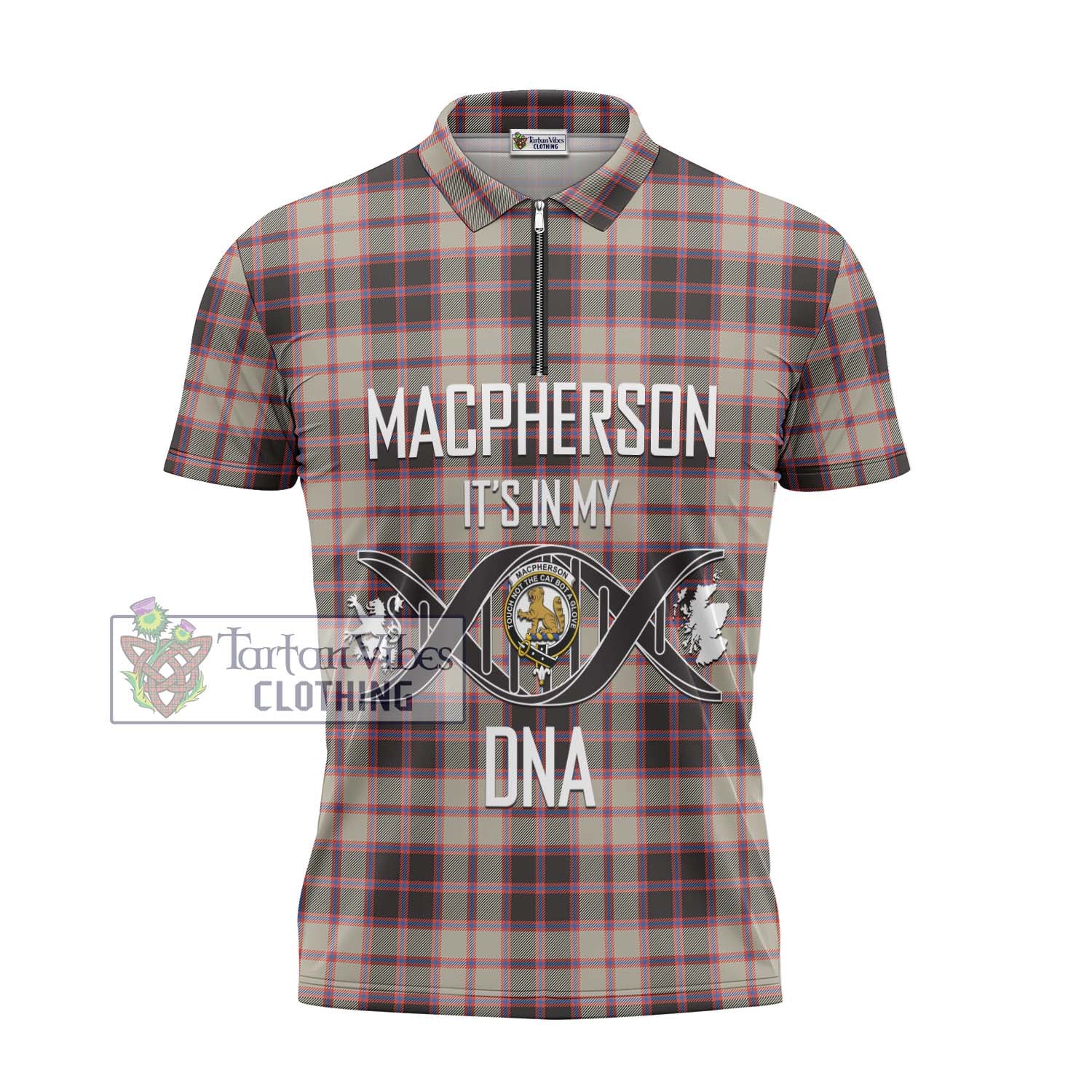 Tartan Vibes Clothing MacPherson Hunting Ancient Tartan Zipper Polo Shirt with Family Crest DNA In Me Style