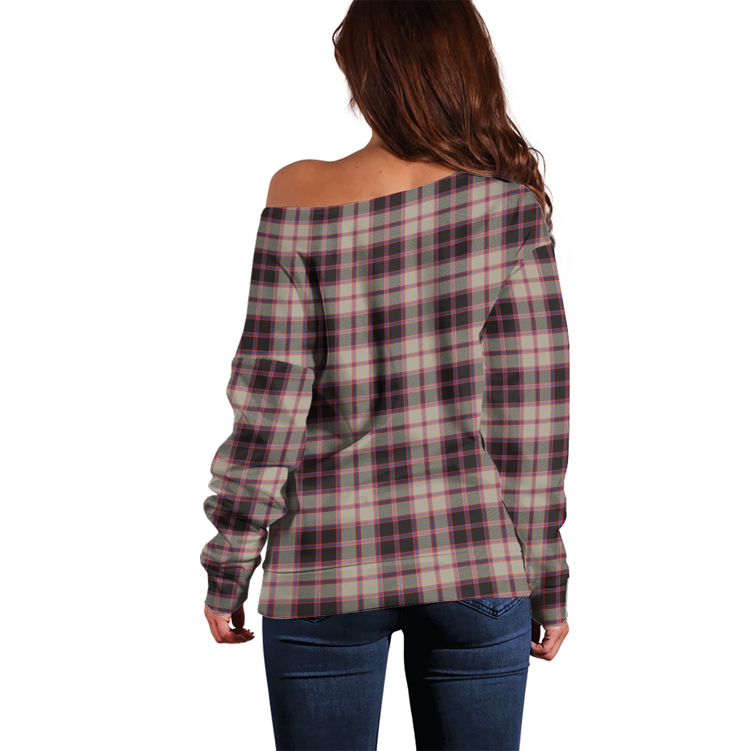 MacPherson Hunting Ancient Tartan Off Shoulder Women Sweater with Family Crest - Tartanvibesclothing