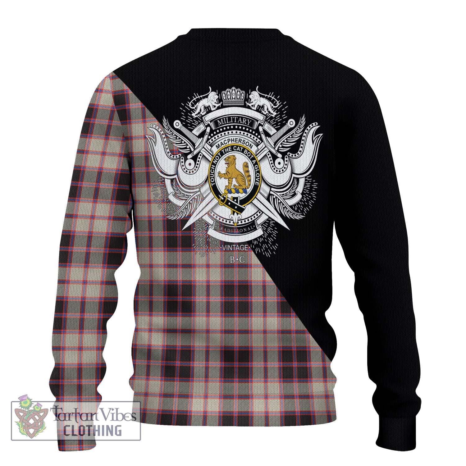 Tartan Vibes Clothing MacPherson Hunting Ancient Tartan Knitted Sweater with Family Crest and Military Logo Style