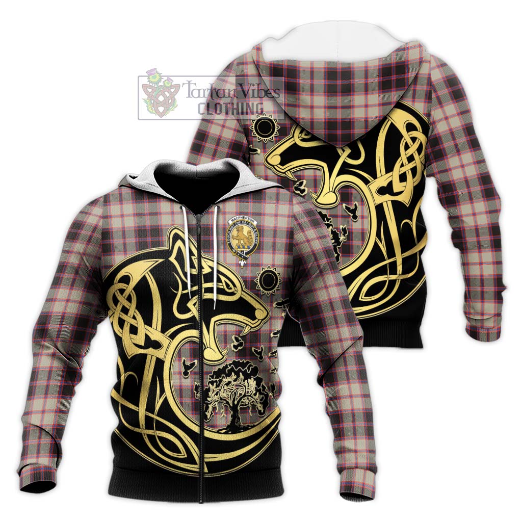 Tartan Vibes Clothing MacPherson Hunting Ancient Tartan Knitted Hoodie with Family Crest Celtic Wolf Style
