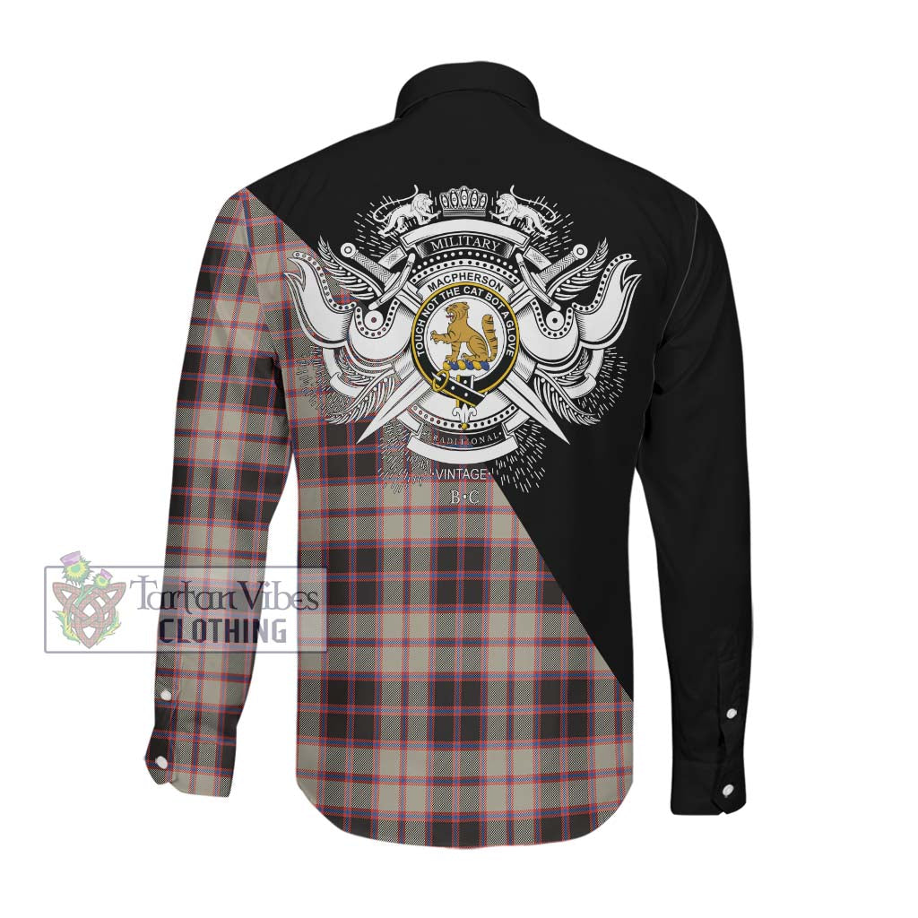 Tartan Vibes Clothing MacPherson Hunting Ancient Tartan Long Sleeve Button Shirt with Family Crest and Military Logo Style