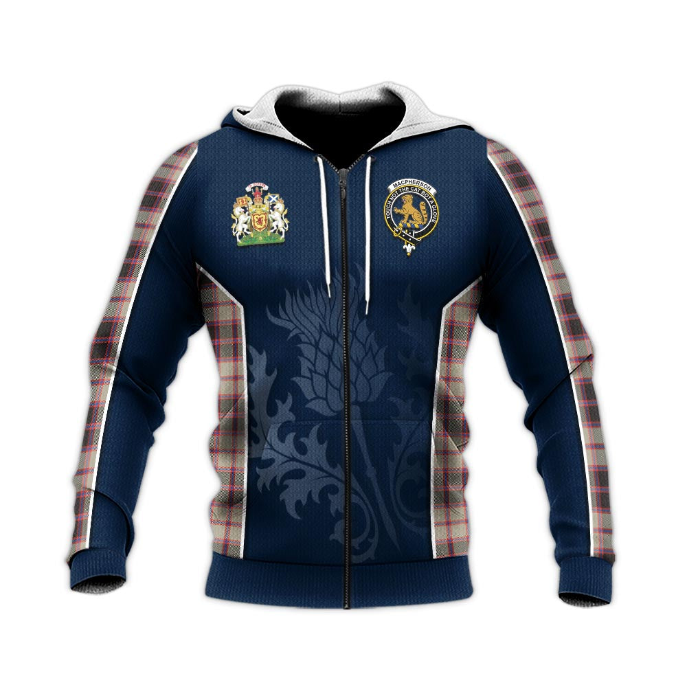 Tartan Vibes Clothing MacPherson Hunting Ancient Tartan Knitted Hoodie with Family Crest and Scottish Thistle Vibes Sport Style