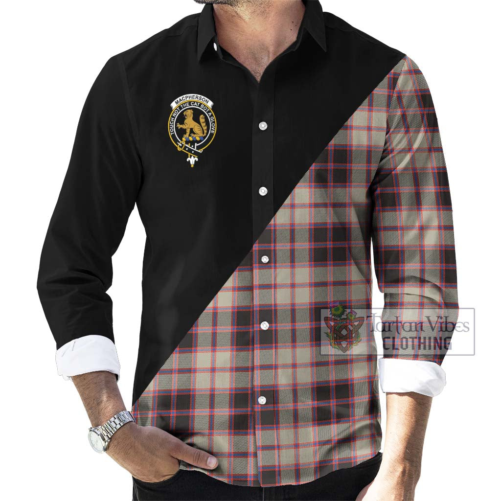 Tartan Vibes Clothing MacPherson Hunting Ancient Tartan Long Sleeve Button Shirt with Family Crest and Military Logo Style