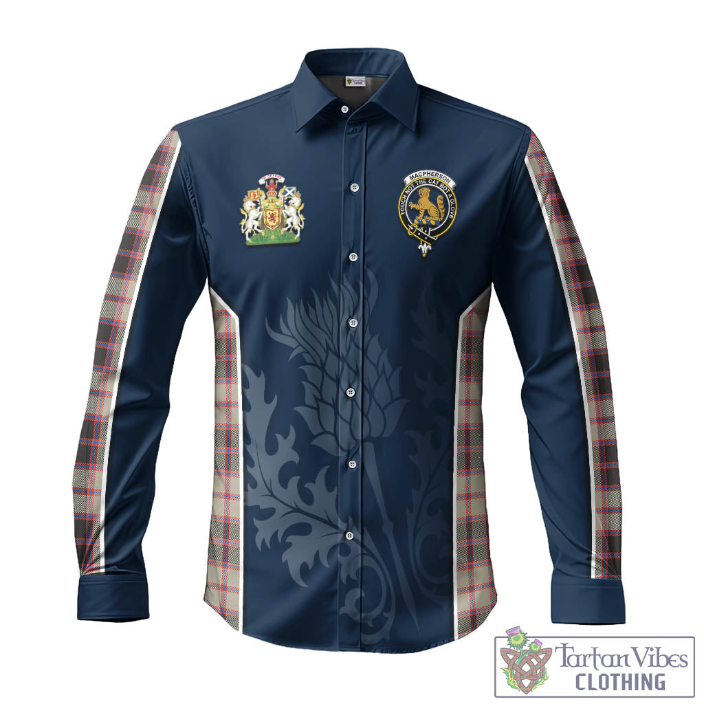 Tartan Vibes Clothing MacPherson Hunting Ancient Tartan Long Sleeve Button Up Shirt with Family Crest and Scottish Thistle Vibes Sport Style