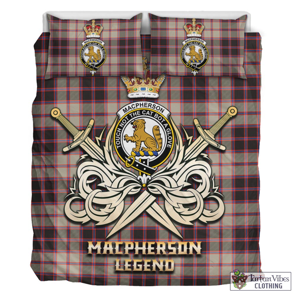 Tartan Vibes Clothing MacPherson Hunting Ancient Tartan Bedding Set with Clan Crest and the Golden Sword of Courageous Legacy