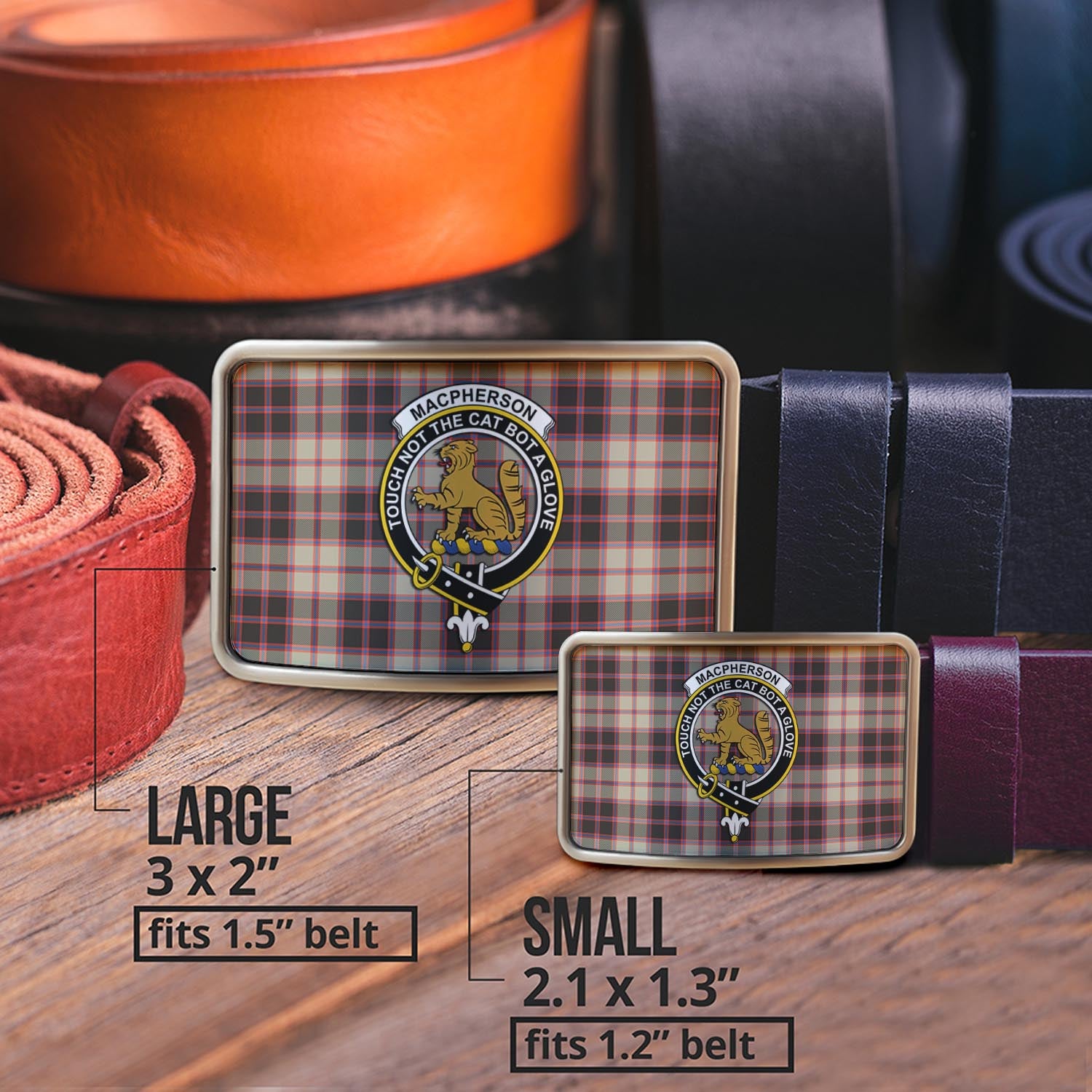 MacPherson Hunting Ancient Tartan Belt Buckles with Family Crest - Tartanvibesclothing