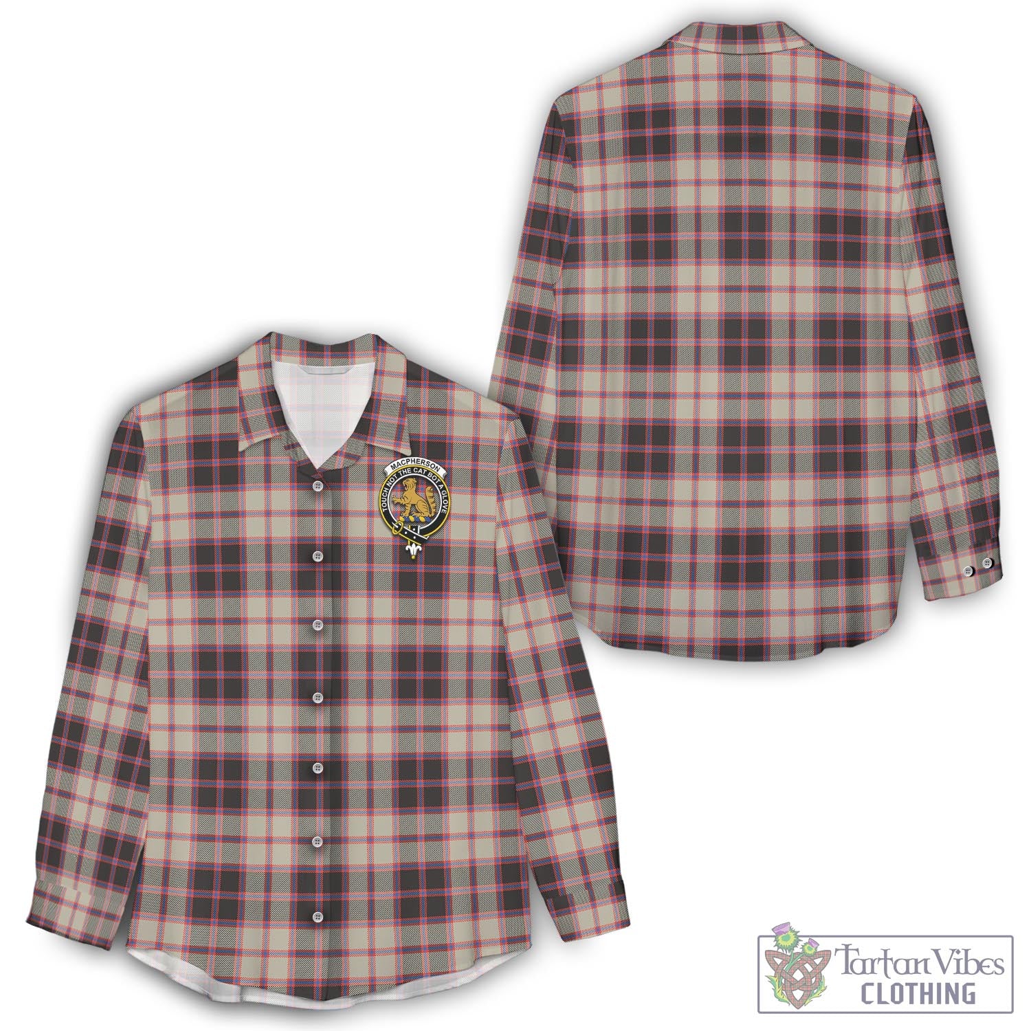 Tartan Vibes Clothing MacPherson Hunting Ancient Tartan Womens Casual Shirt with Family Crest