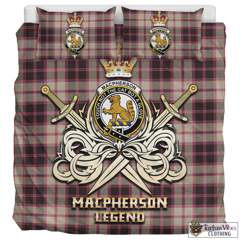 Tartan Vibes Clothing MacPherson Hunting Ancient Tartan Bedding Set with Clan Crest and the Golden Sword of Courageous Legacy