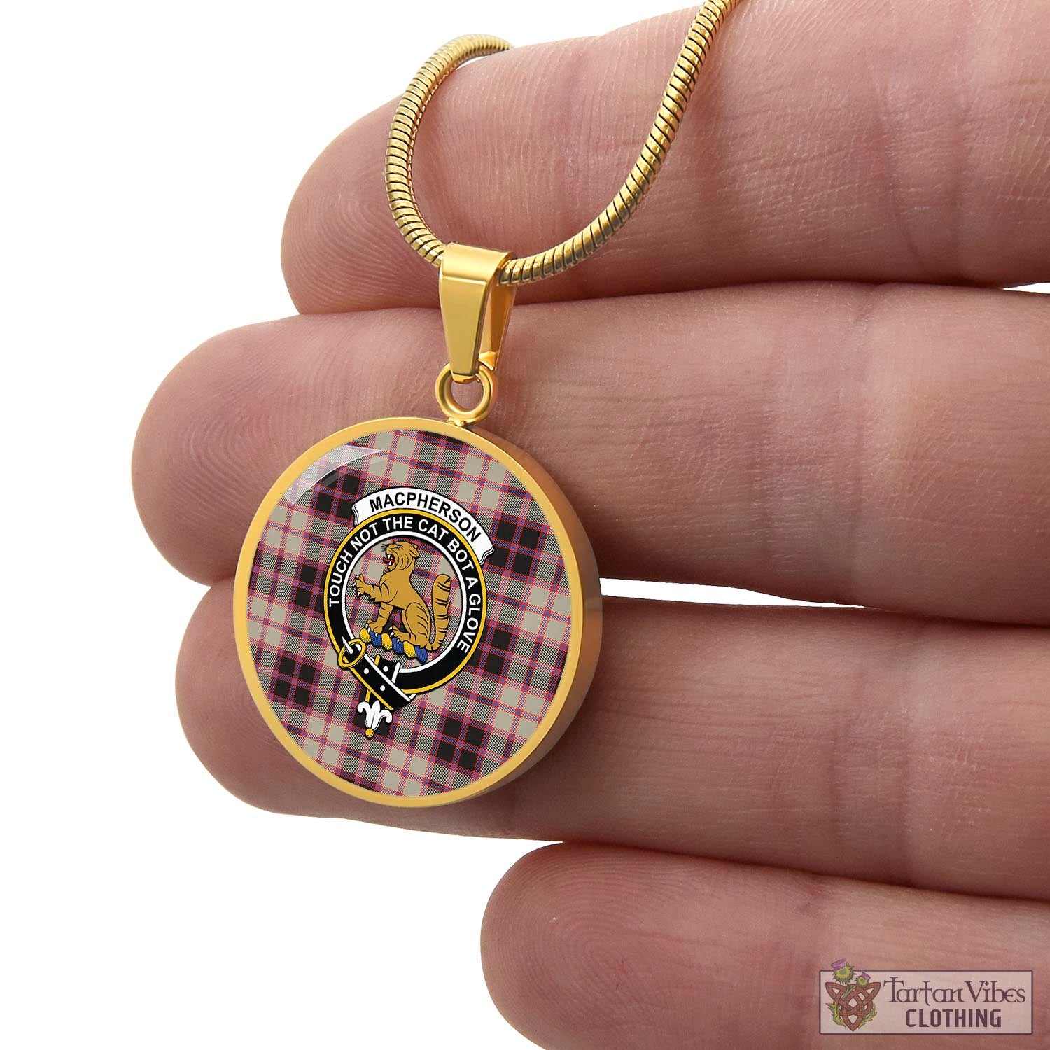 Tartan Vibes Clothing MacPherson Hunting Ancient Tartan Circle Necklace with Family Crest