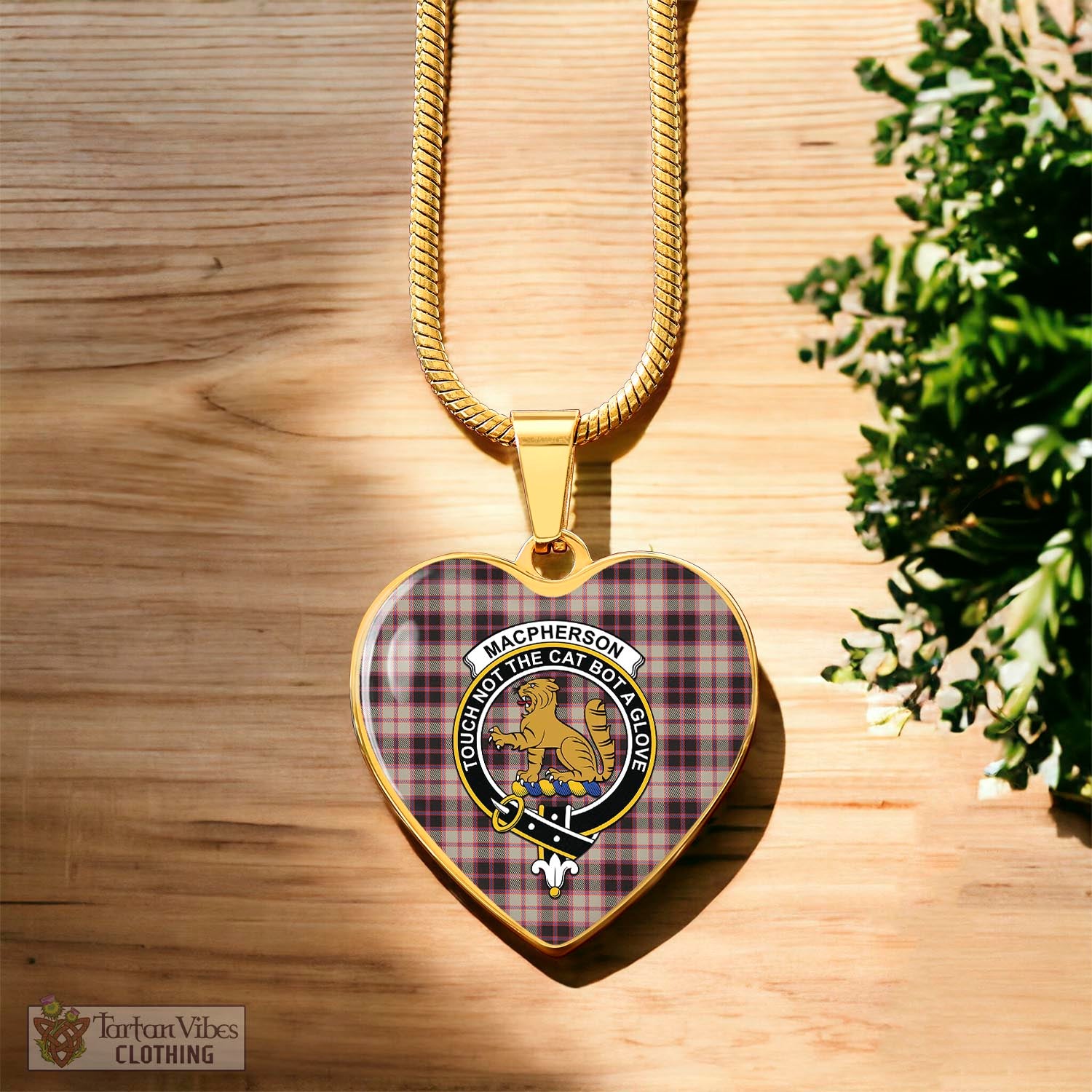 Tartan Vibes Clothing MacPherson Hunting Ancient Tartan Heart Necklace with Family Crest