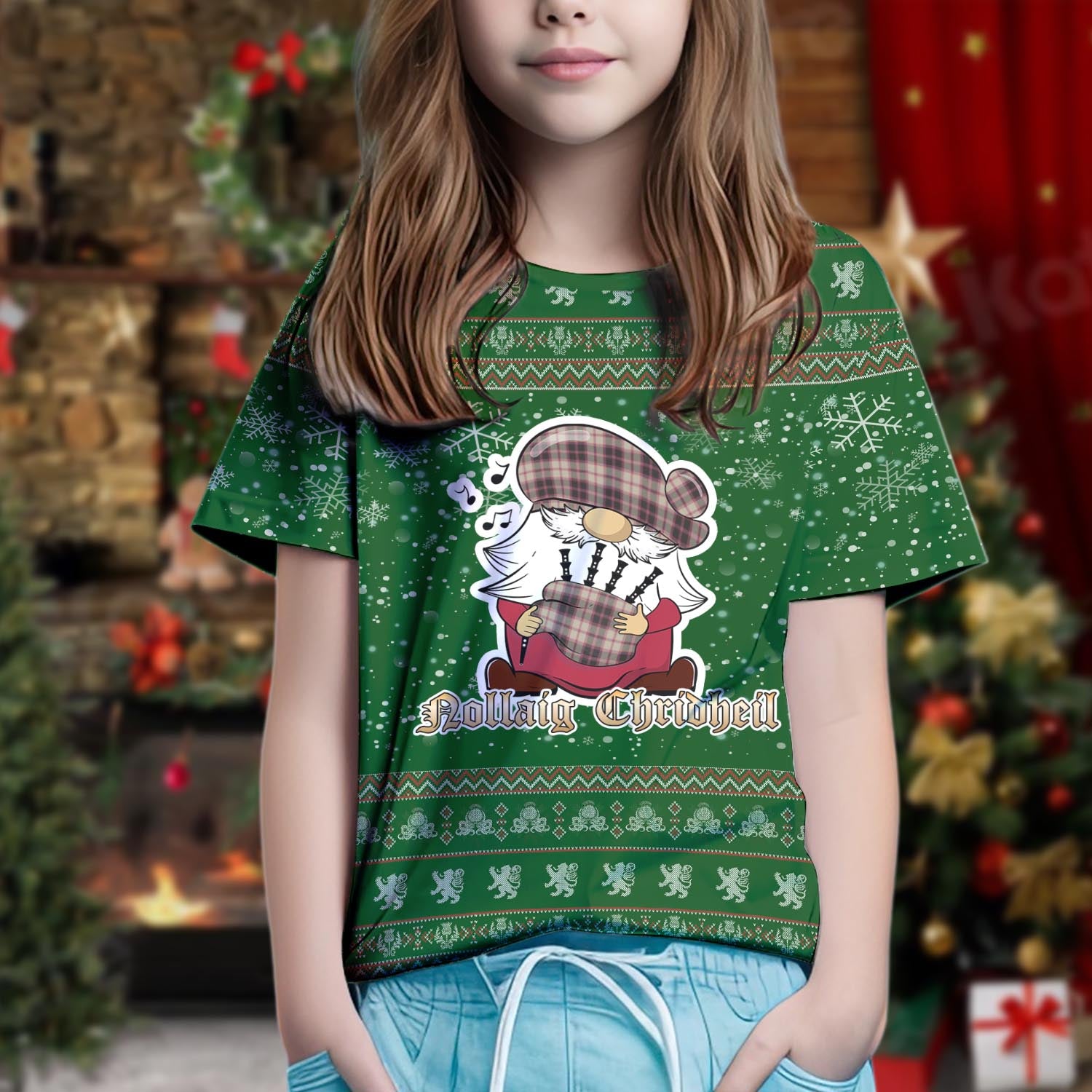 MacPherson Hunting Ancient Clan Christmas Family T-Shirt with Funny Gnome Playing Bagpipes Kid's Shirt Green - Tartanvibesclothing