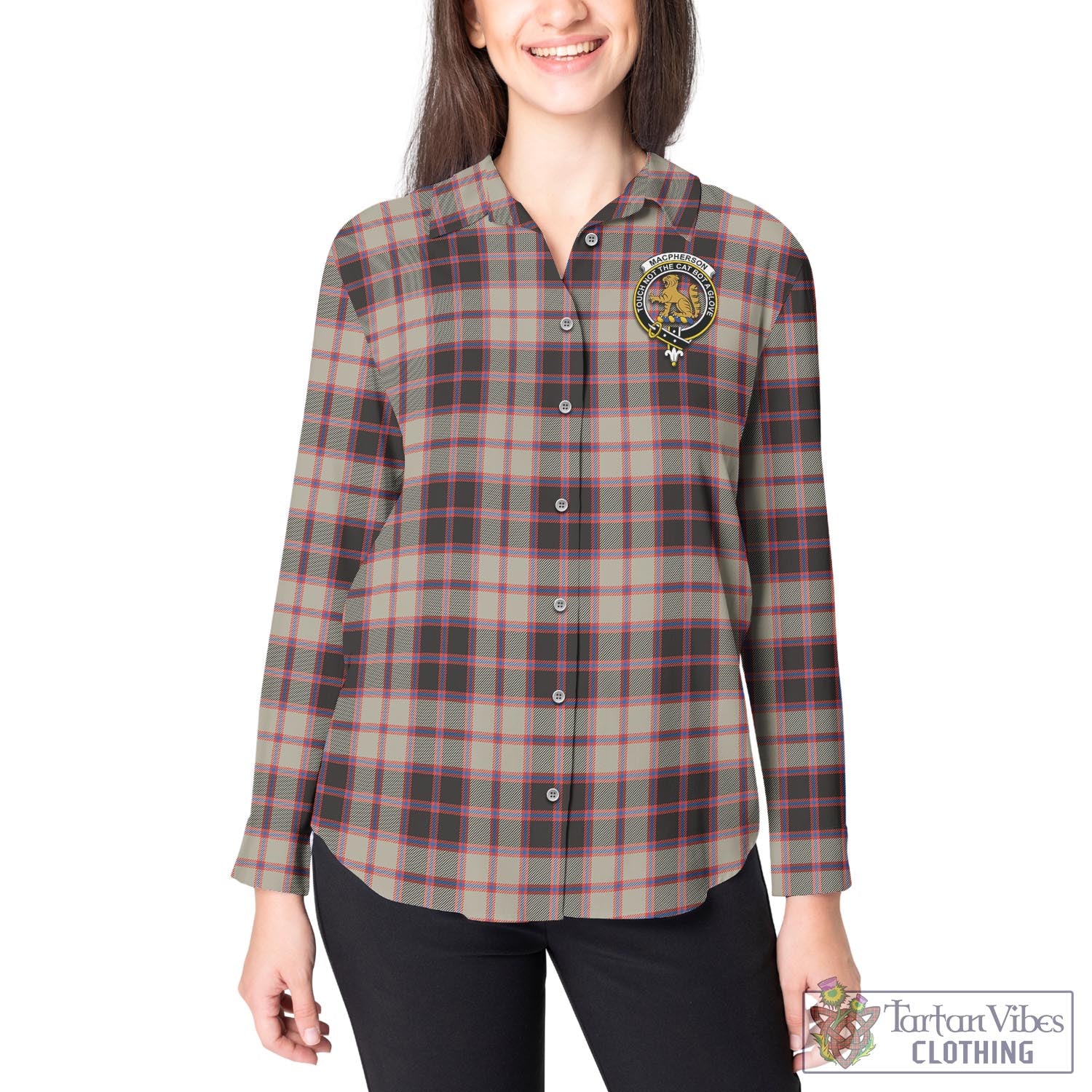 Tartan Vibes Clothing MacPherson Hunting Ancient Tartan Womens Casual Shirt with Family Crest