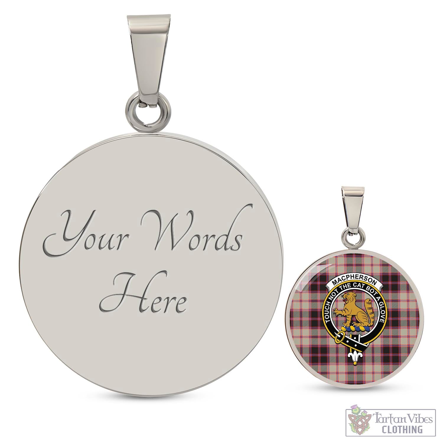 Tartan Vibes Clothing MacPherson Hunting Ancient Tartan Circle Necklace with Family Crest