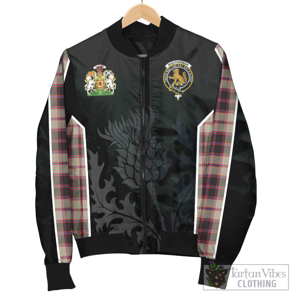 Tartan Vibes Clothing MacPherson Hunting Ancient Tartan Bomber Jacket with Family Crest and Scottish Thistle Vibes Sport Style