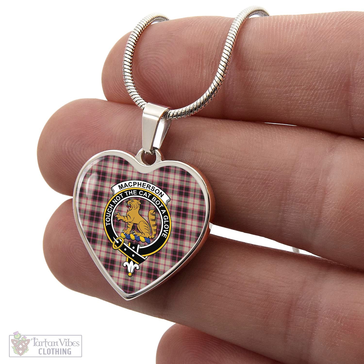 Tartan Vibes Clothing MacPherson Hunting Ancient Tartan Heart Necklace with Family Crest