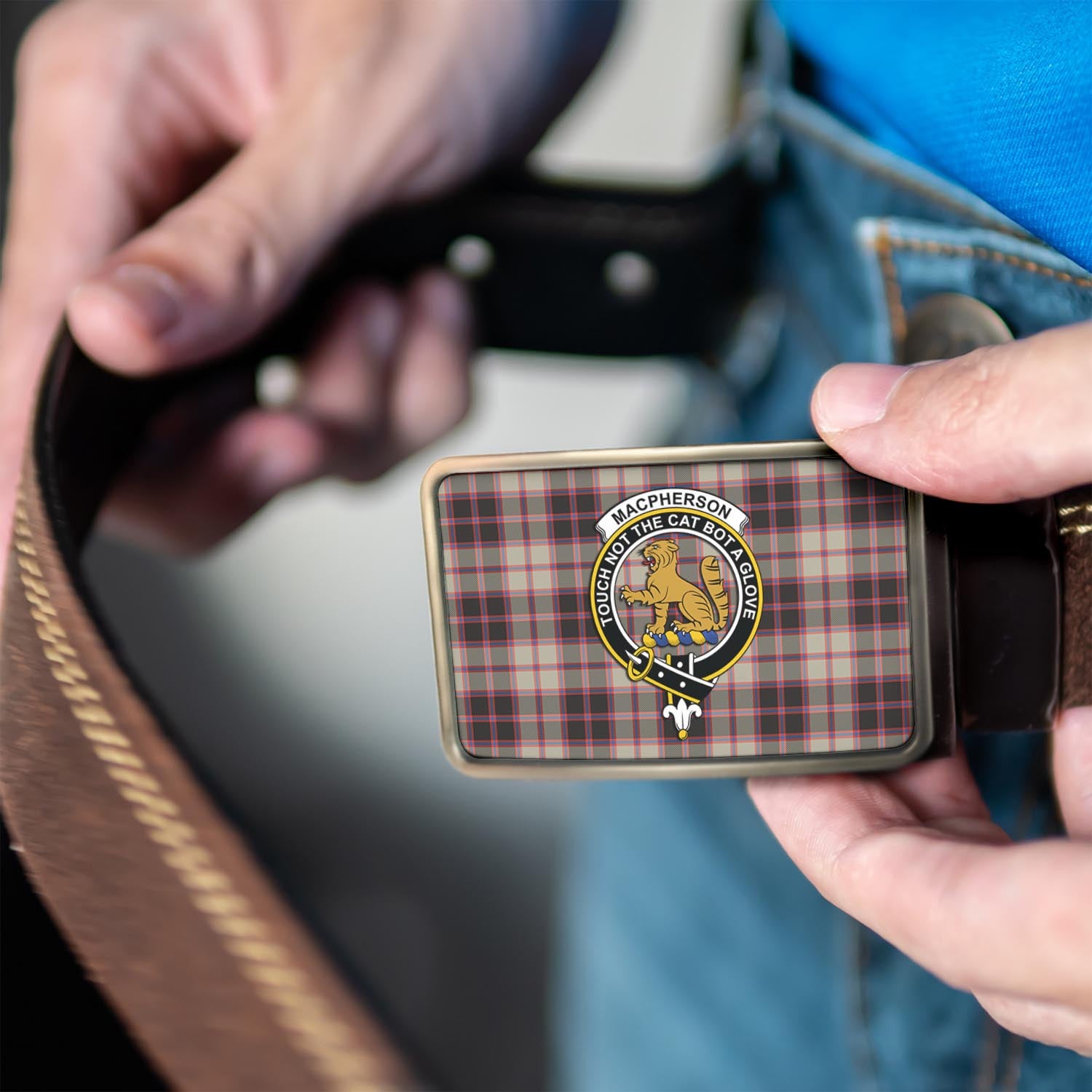 MacPherson Hunting Ancient Tartan Belt Buckles with Family Crest - Tartanvibesclothing